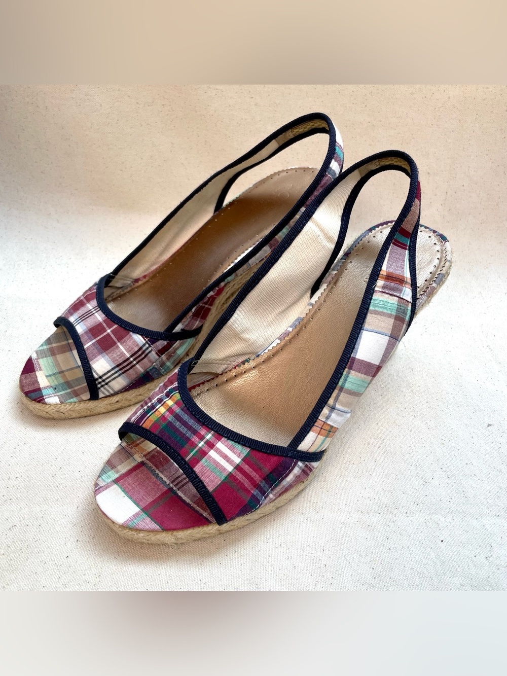 J. Crew Pink Plaid Espadrille Wedge Sandals - Picture 3 of 8